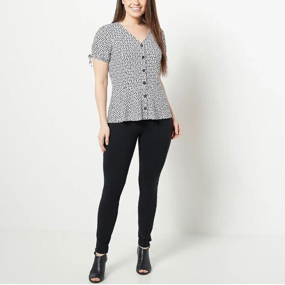 Susan Graver Printed Liquid Knit Button Peplum Top - Picture 3 of 7